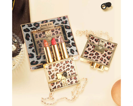 Fashion Small Sachet Mousse Lipstick Leopard Print Chain With Small Round Mirror Set