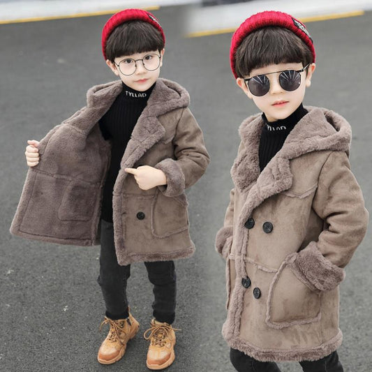 Winter Fashion Boys' Suede Padded Trench Coat Warm