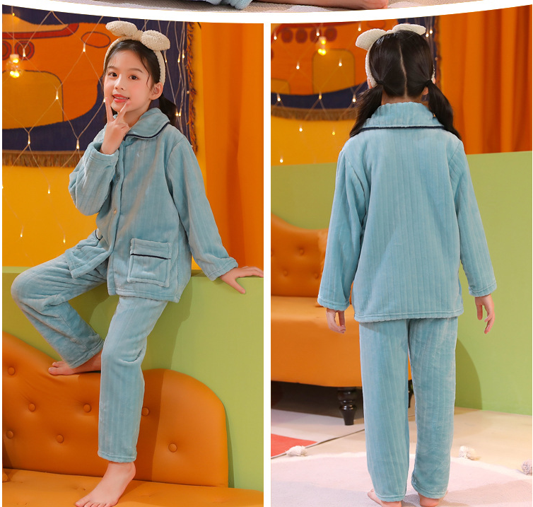 Thicken Boys Girls Solid Color Home Children's Flannel Pajama Set