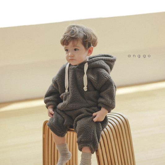 Children' Soft Plush Suit Boys And Girls Warm And Thick Hooded Sweater Pants Two-piece Suit