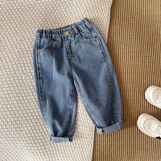 Boys Girls Blue Solid Color Crimped Trousers