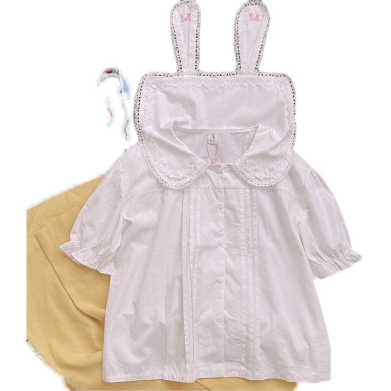 New Summer Doll Collar Rabbit Ears Bow Lace Border Cute Shirt Sweet Solid Color Top