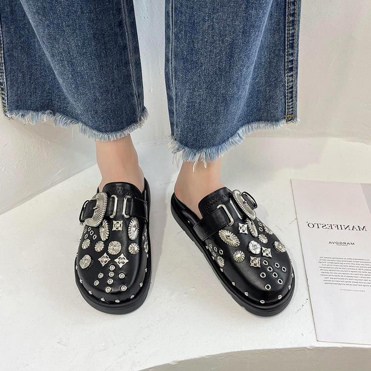 women Toe Cap Semi Slipper New British Retro Platform Rivet Flat Shoes