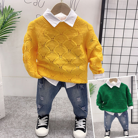 Children's New Sweater With Printed Shirt And Jeans
