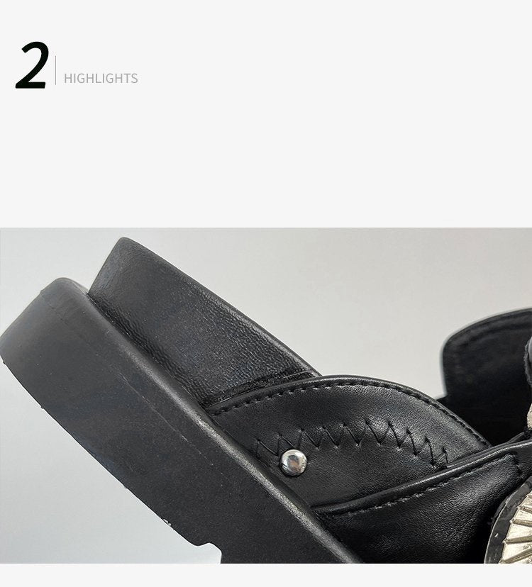 women Toe Cap Semi Slipper New British Retro Platform Rivet Flat Shoes