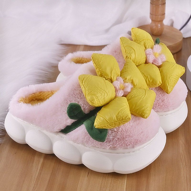 Women Flower Cotton Slippers With Plush Insulation And Thick Bottom Plush