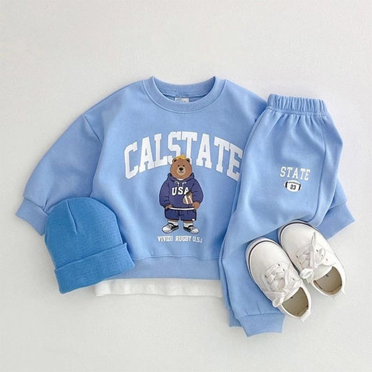Children's Spring And Autumn Sports Cartoon Bear Letter Floral Print Long Sleeve Pullover Two-piece Pants