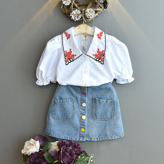 Girls Embroidery Doll Collar Bubble Short Sleeve Shirt Denim Skirt Set