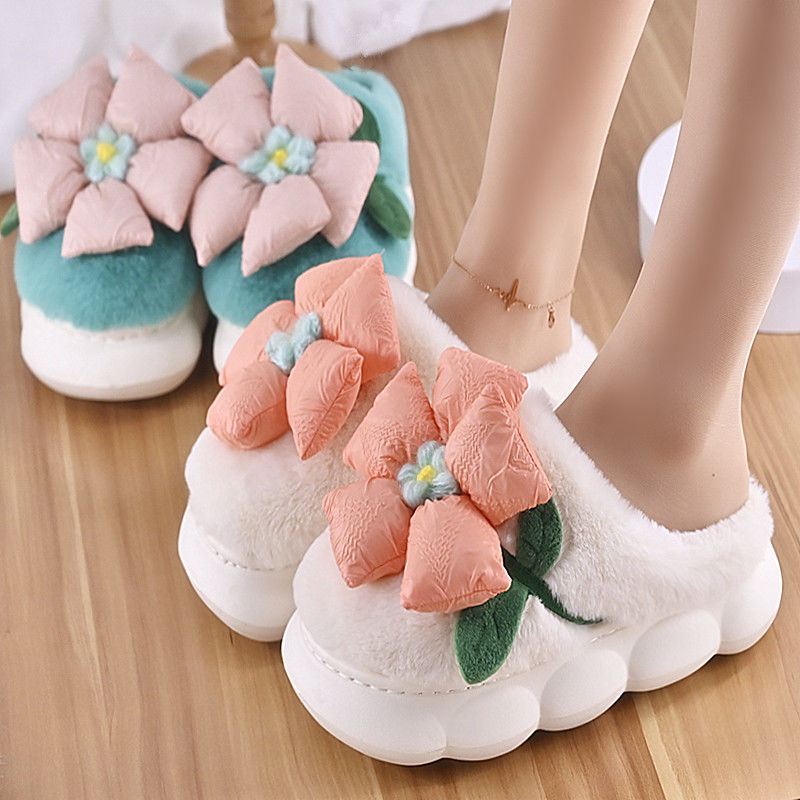 Women Flower Cotton Slippers With Plush Insulation And Thick Bottom Plush