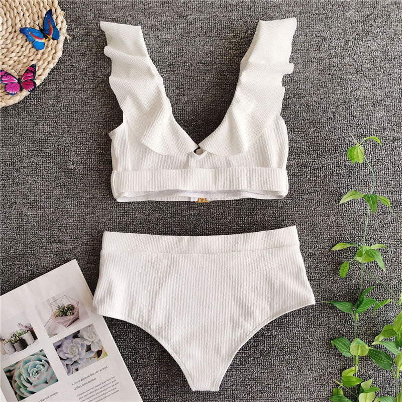 Metal Buckle Ruffled White Swimsuit Women Bikini