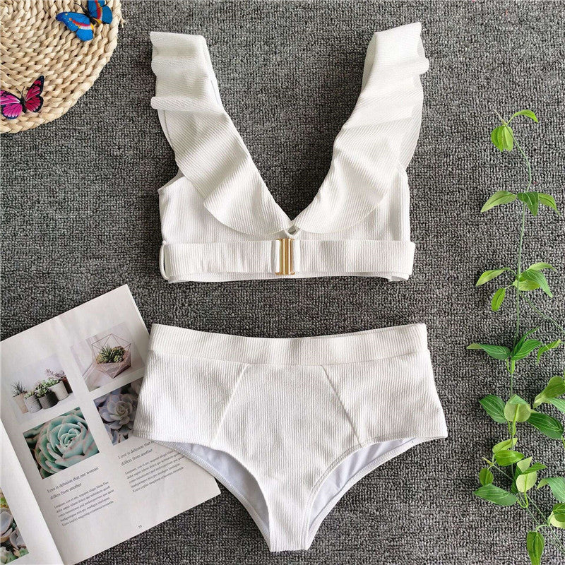 Metal Buckle Ruffled White Swimsuit Women Bikini