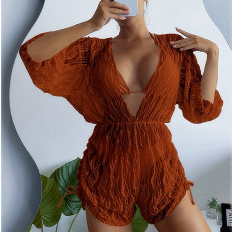 Long Sleeved  Swimsuit Women's Draw Rope Sunscreen Smock Three-piece Bikini