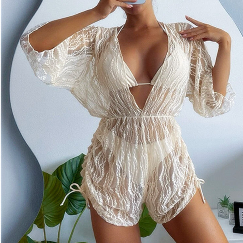 Long Sleeved  Swimsuit Women's Draw Rope Sunscreen Smock Three-piece Bikini