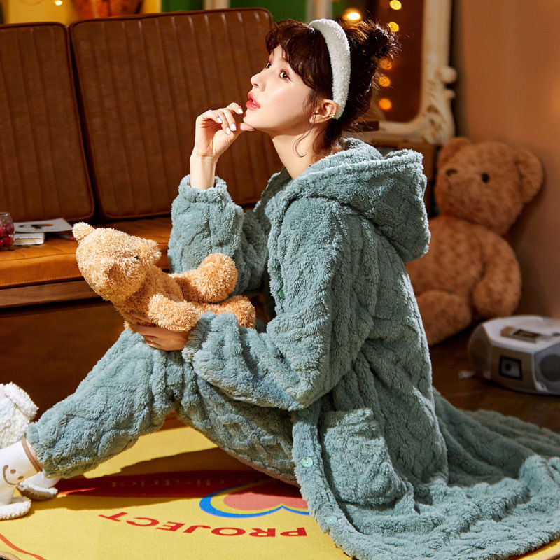 Long Flannel Robe Bathrobe Loungewear Set