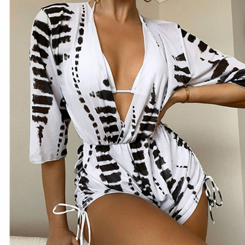 Long Sleeved  Swimsuit Women's Draw Rope Sunscreen Smock Three-piece Bikini