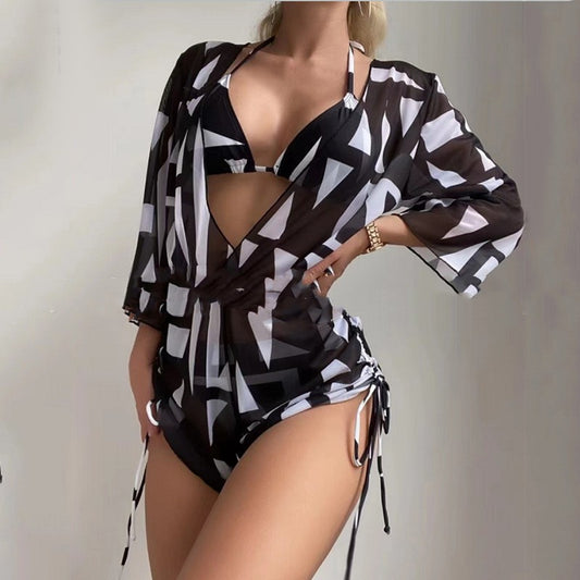 Long Sleeved  Swimsuit Women's Draw Rope Sunscreen Smock Three-piece Bikini