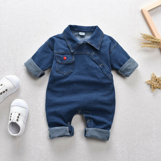 Children's Personalized Patch Pocket Denim One-piece Romper Boy