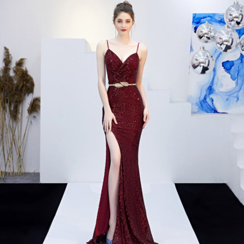 New Banquet Elegant Annual Meeting Long Host Deep V Sexy Fishtail Sequined Dress