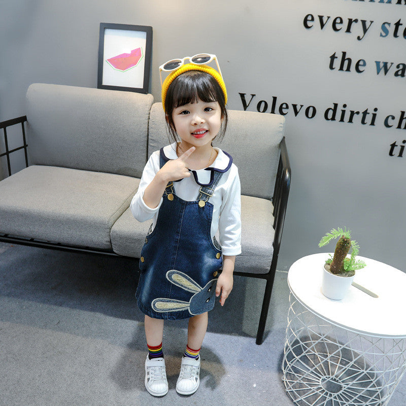 Children's Rabbit Embroidered Long Sleeve Dress Girls Denim Strap Skirt Set