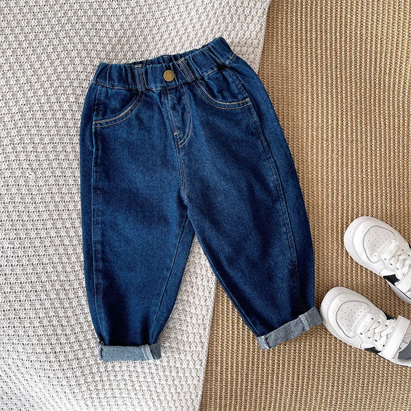 Boys Girls Blue Solid Color Crimped Trousers