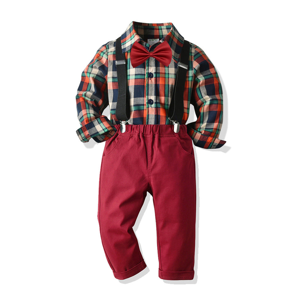 Boy's Four-piece Plaid Shirt Bib Set