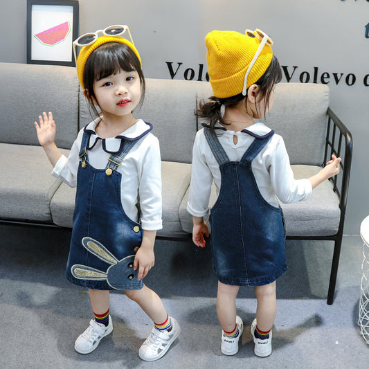 Children's Rabbit Embroidered Long Sleeve Dress Girls Denim Strap Skirt Set