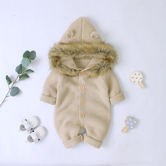 Children's Boy Girl Hooded Fur Collar Knitted Jumpsuit