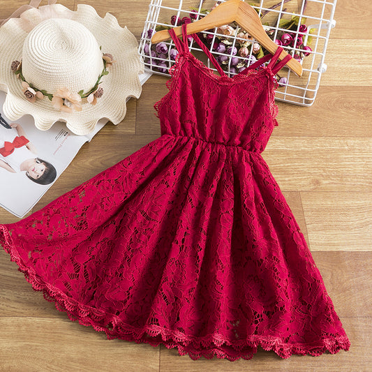 Children's Embroidered Skirt Lace Dress With Suspenders Beautiful Back