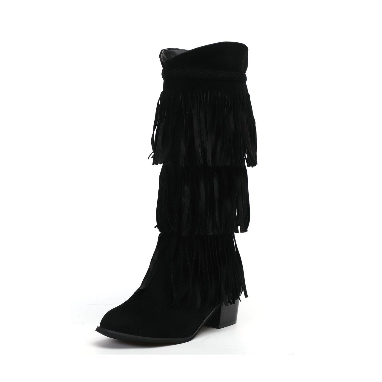 Fringed thick heel high boots