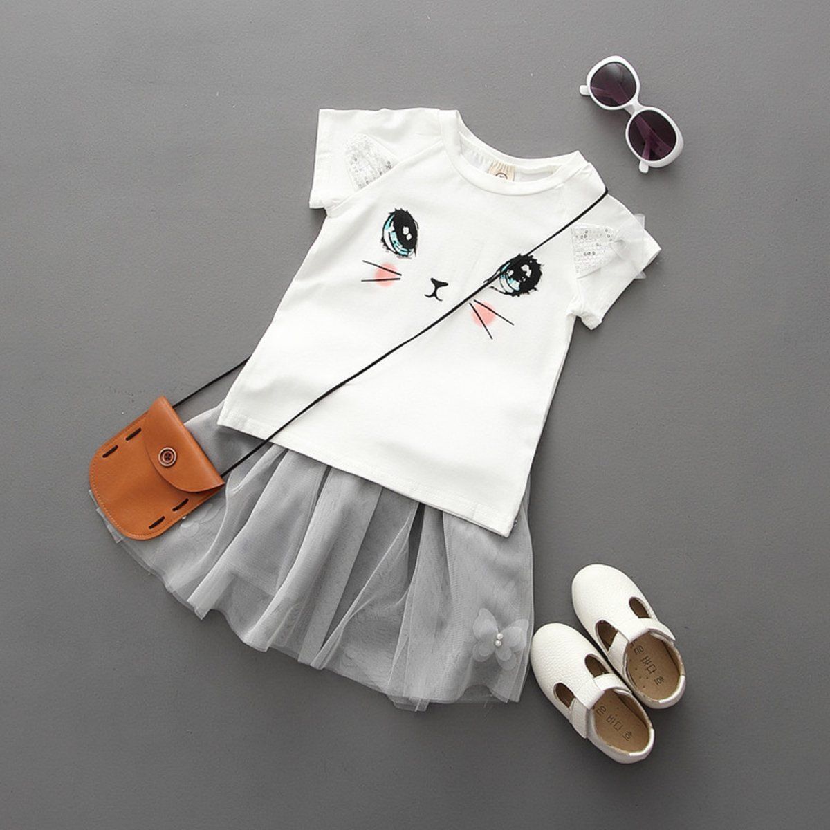 New Girls Kids Cute Cat Short Sleeve T-Shirt Butterfly Beaded Puffy Skirt Skirt Set