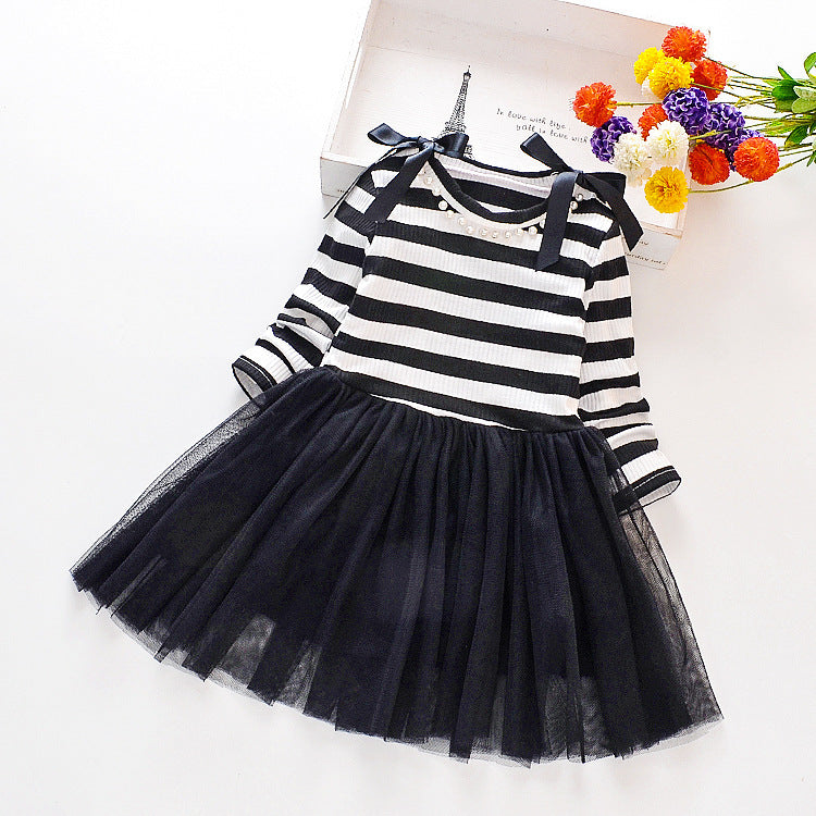 Striped Long-sleeved Stitching Mesh Dress Girl Dress