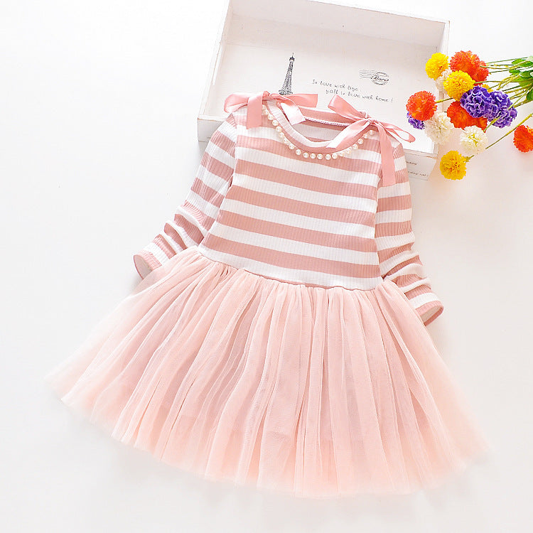 Striped Long-sleeved Stitching Mesh Dress Girl Dress