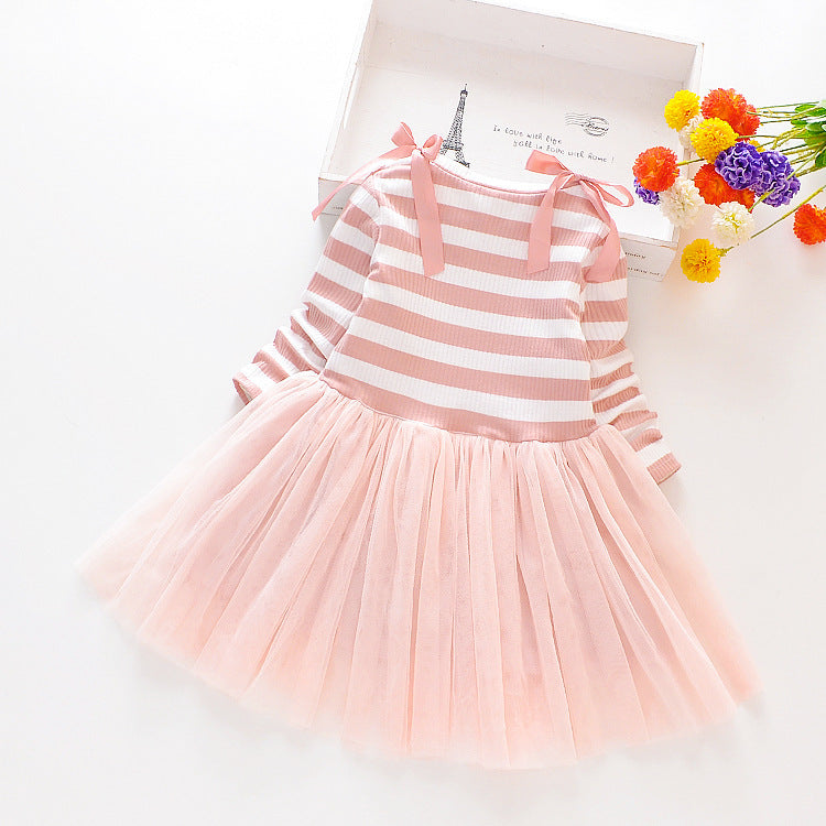 Striped Long-sleeved Stitching Mesh Dress Girl Dress