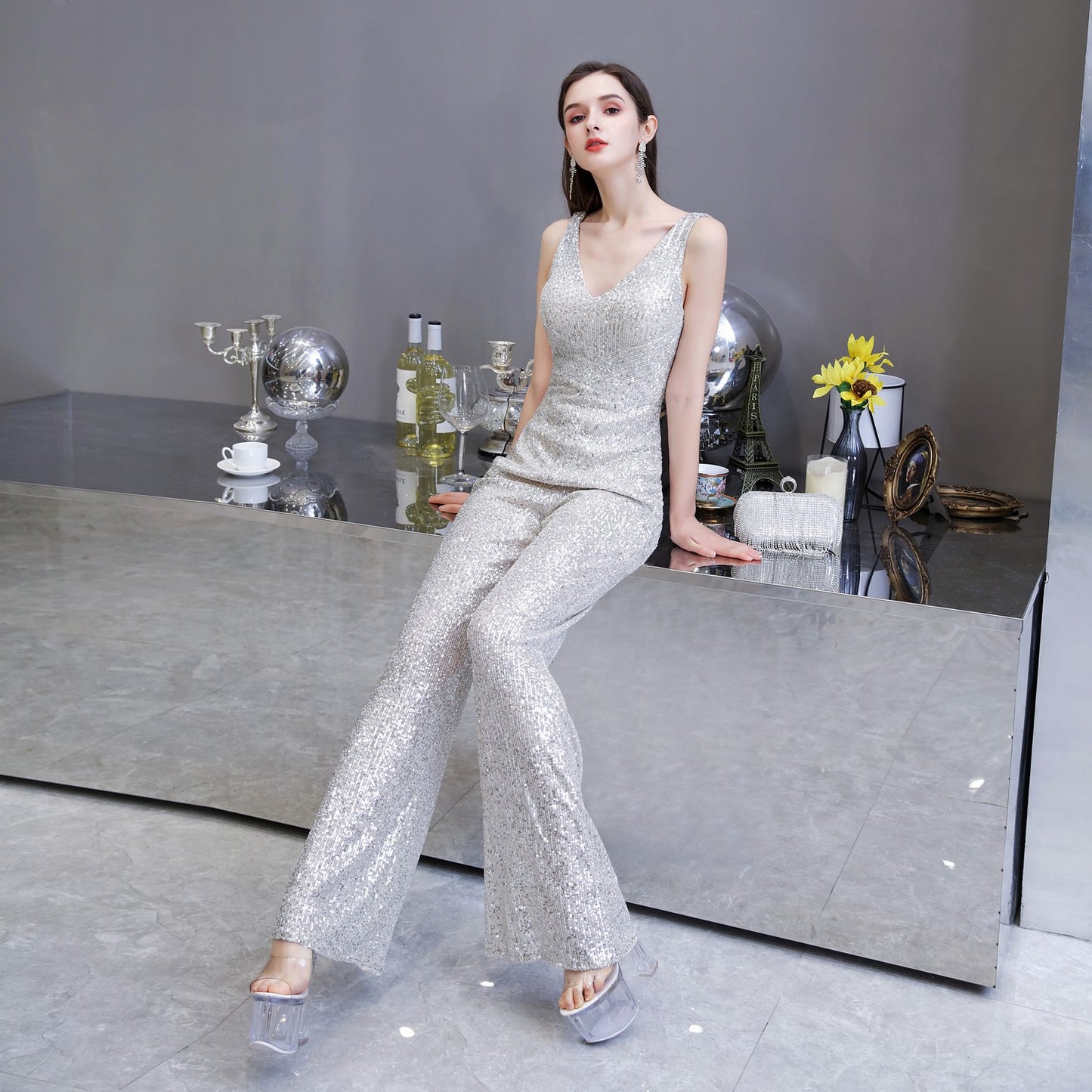 Fashionable Dress Waist Slim Jumpsuit Wide-leg Pants Ladies Party Annual Meeting Evening Dress