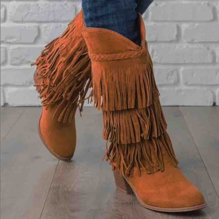 Fringed thick heel high boots