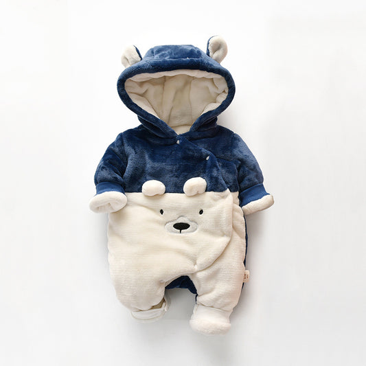 Bear embroidered Winter Warm hooded romper Girls Boys