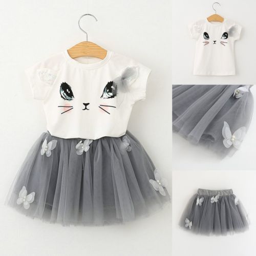 New Girls Kids Cute Cat Short Sleeve T-Shirt Butterfly Beaded Puffy Skirt Skirt Set