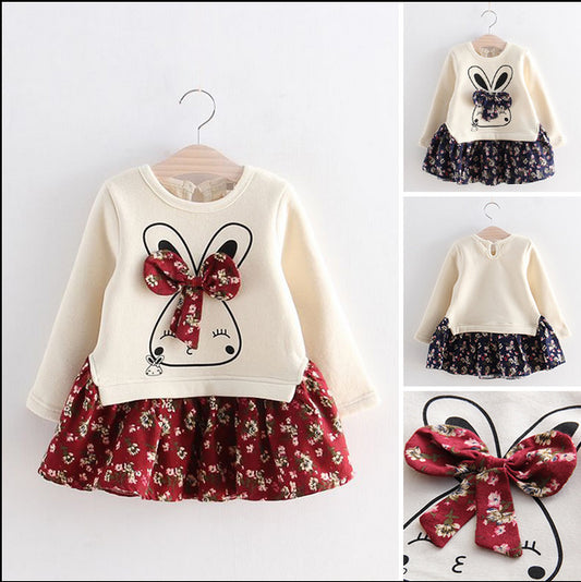 Autumn girls dress children's floral bow and velvet dress