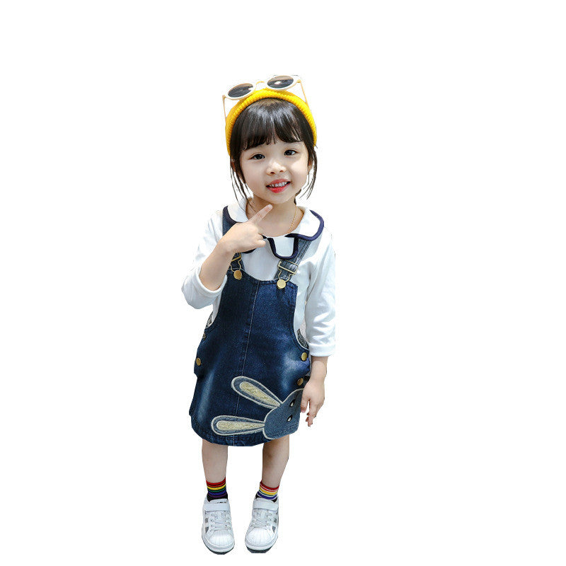 Children's Rabbit Embroidered Long Sleeve Dress Girls Denim Strap Skirt Set