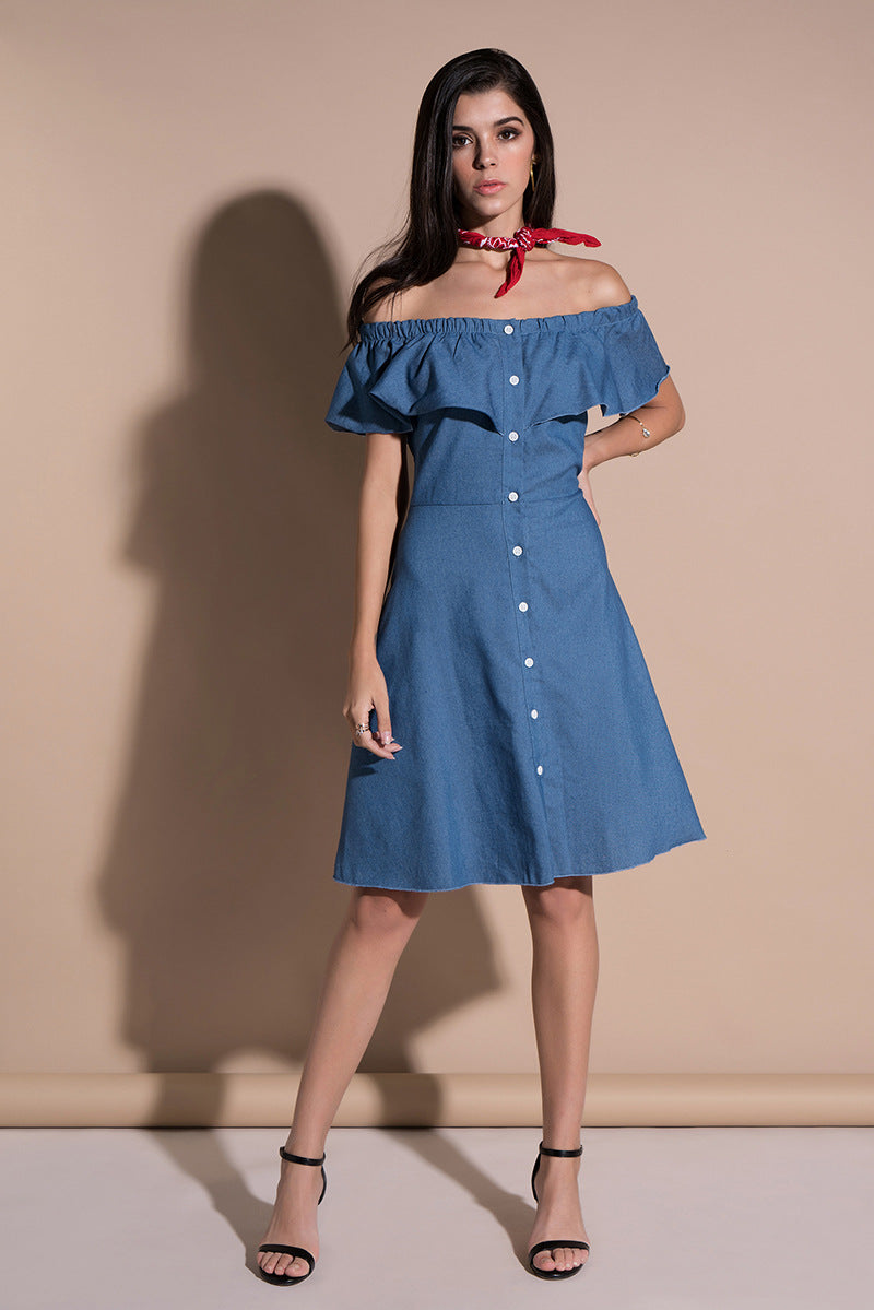 New One-Line Neck Solid Color Off-the-Shoulder Denim High Waist Dress