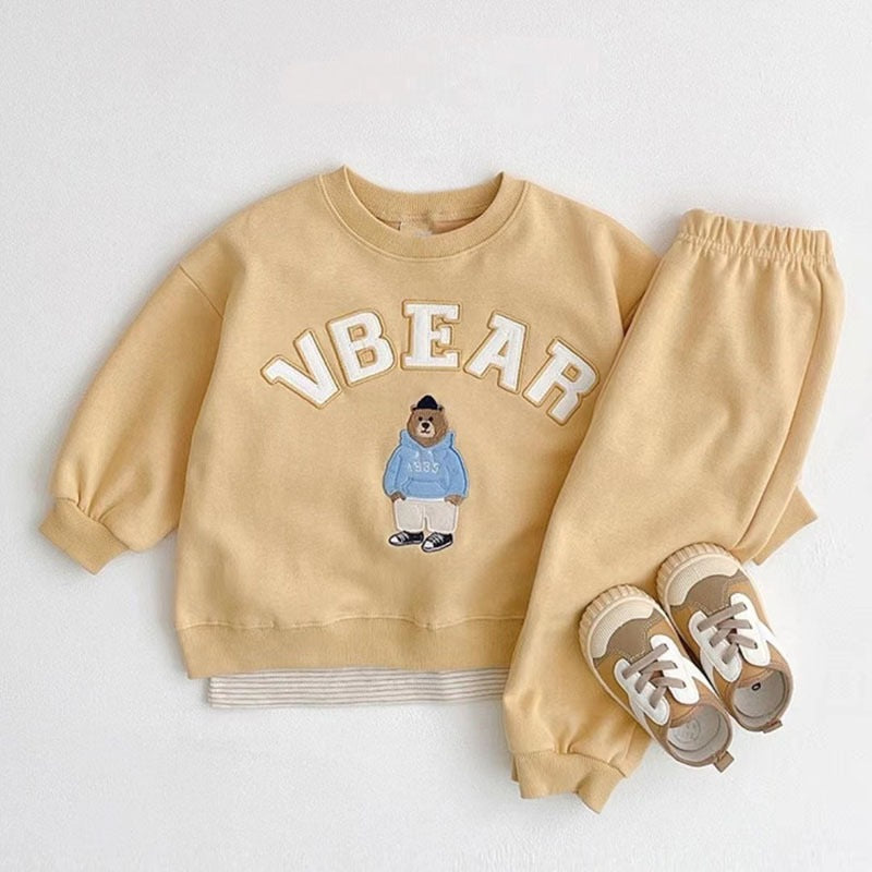 Children's Spring And Autumn Sports Cartoon Bear Letter Floral Print Long Sleeve Pullover Two-piece Pants