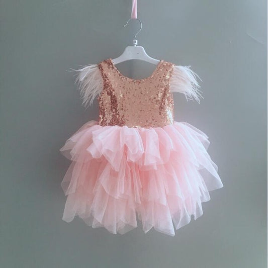 Fashion Princess Baby Feather Dress Birthday Party Toddler Girl