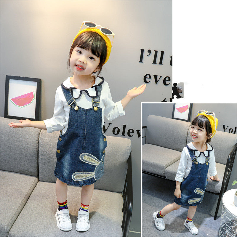 Children's Rabbit Embroidered Long Sleeve Dress Girls Denim Strap Skirt Set