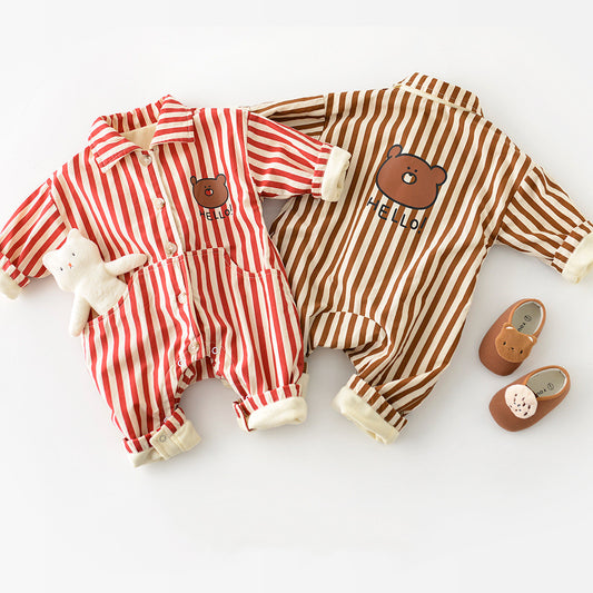 Bear Striped Lapel Thickened Long Crawl Jumpsuit Boys