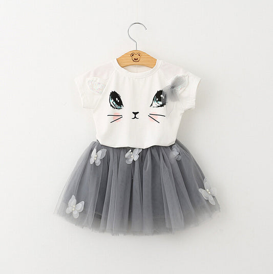 New Girls Kids Cute Cat Short Sleeve T-Shirt Butterfly Beaded Puffy Skirt Skirt Set