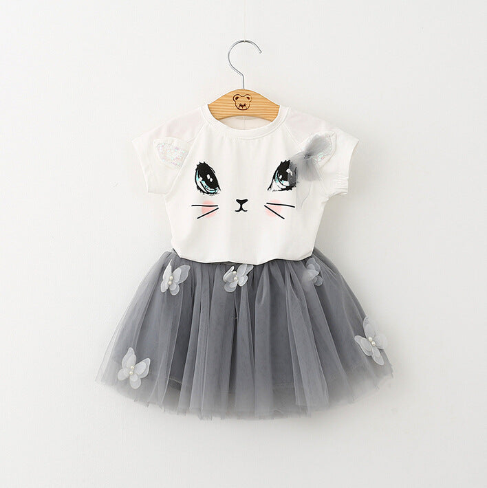 New Girls Kids Cute Cat Short Sleeve T-Shirt Butterfly Beaded Puffy Skirt Skirt Set