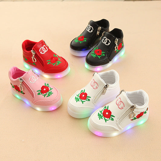 New style Korean fashion leisure roses, children's shoes, LED luminous soft bottom Girl shoes