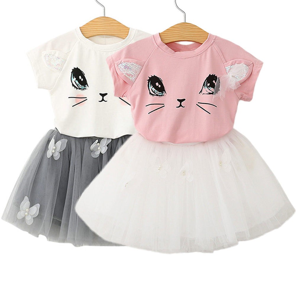 New Girls Kids Cute Cat Short Sleeve T-Shirt Butterfly Beaded Puffy Skirt Skirt Set