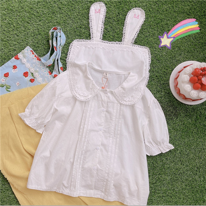 New Summer Doll Collar Rabbit Ears Bow Lace Border Cute Shirt Sweet Solid Color Top