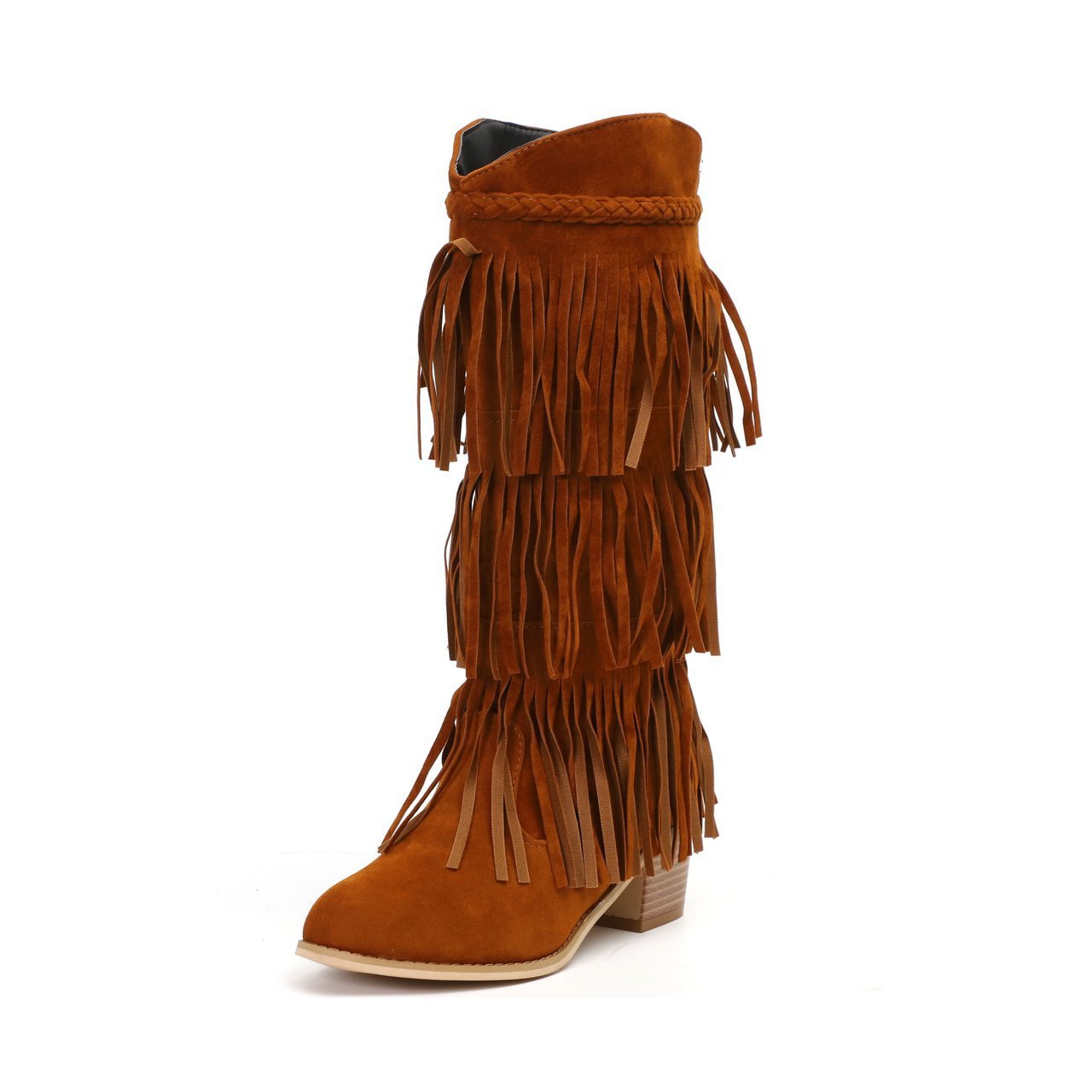 Fringed thick heel high boots